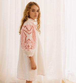 Petite Amalie Embroidered Sleeve Smock Dress - White-pink