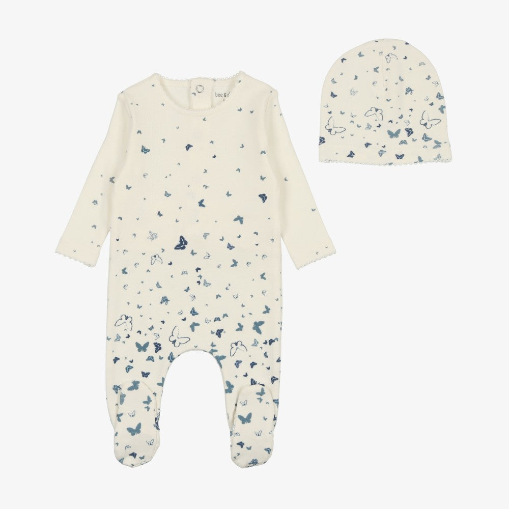 Bee & Dee Scattered Print Footie And Beanie - Ivory-blue
