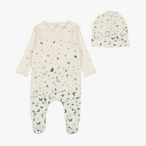 Bee & Dee Scattered Print Footie And Beanie - Ivory-blue