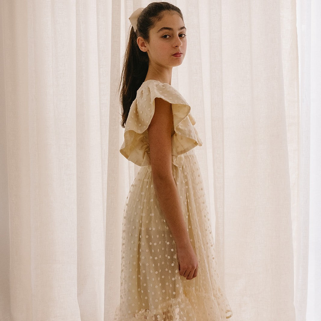 Petite Amalie Embroidered Flower Bud Tulle Dress - White