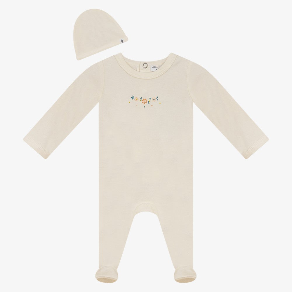 Fragile Floral Footie With Hat - Cream