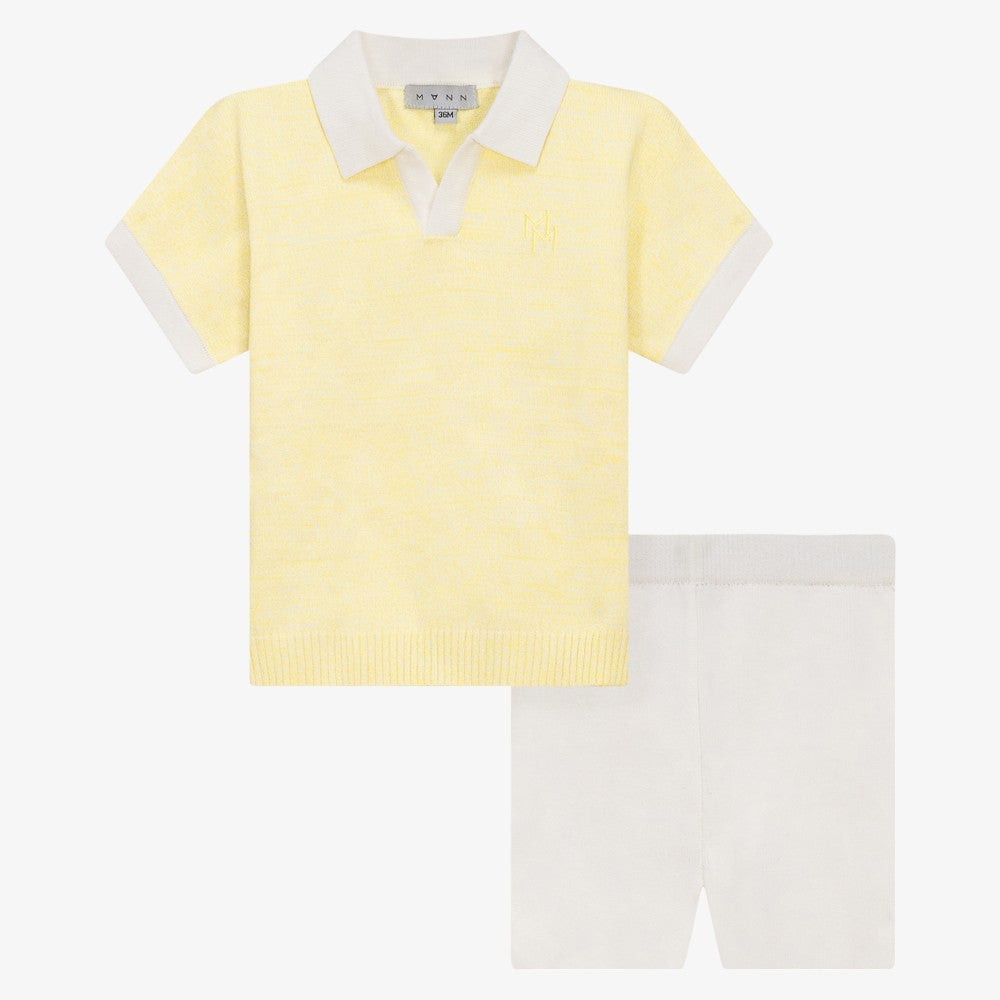 Mann Contrast Trim Knit Top And Shorts - Yellow-white