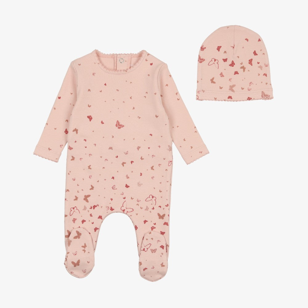 Bee & Dee Scattered Print Footie And Beanie - Pink
