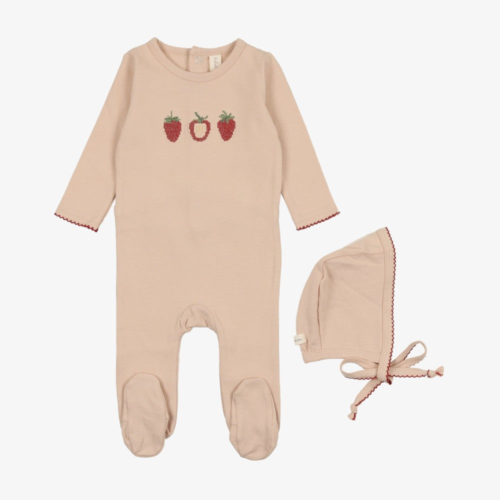 Lilette Embroidered Fruit Footie And Hat - Peach-strawberry