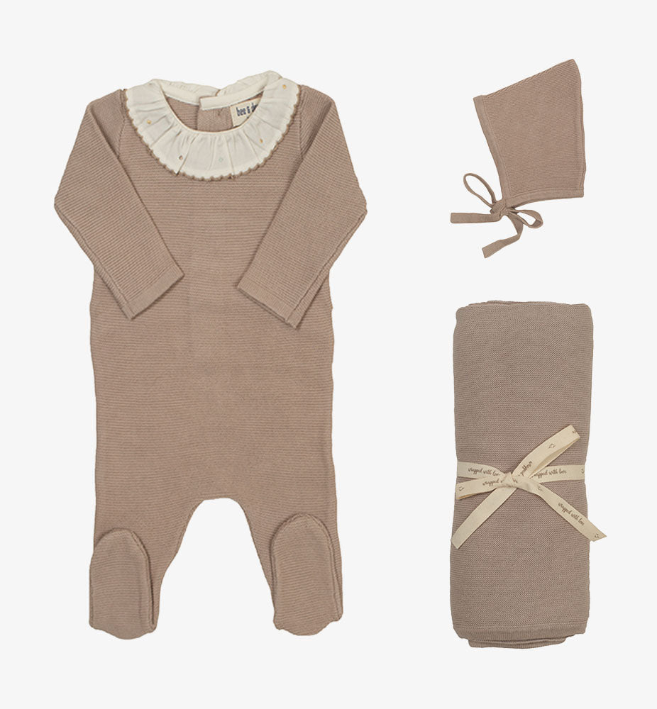 Bee & Dee Knit Embroidered Dot Take Me Home Set - Taupe