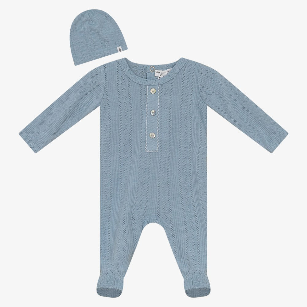 Fragile Button Footie With Hat - Blue Grey