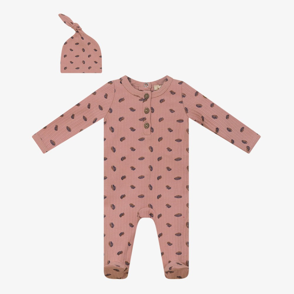 Fragile Leaf Footie With Beanie - Pink
