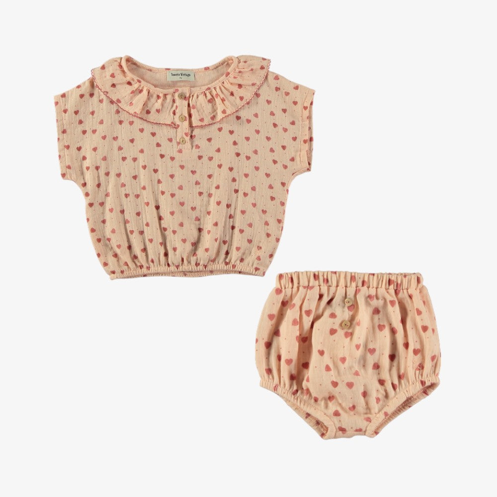 Tocoto Vintage Heart Top With Bloomer - Pink