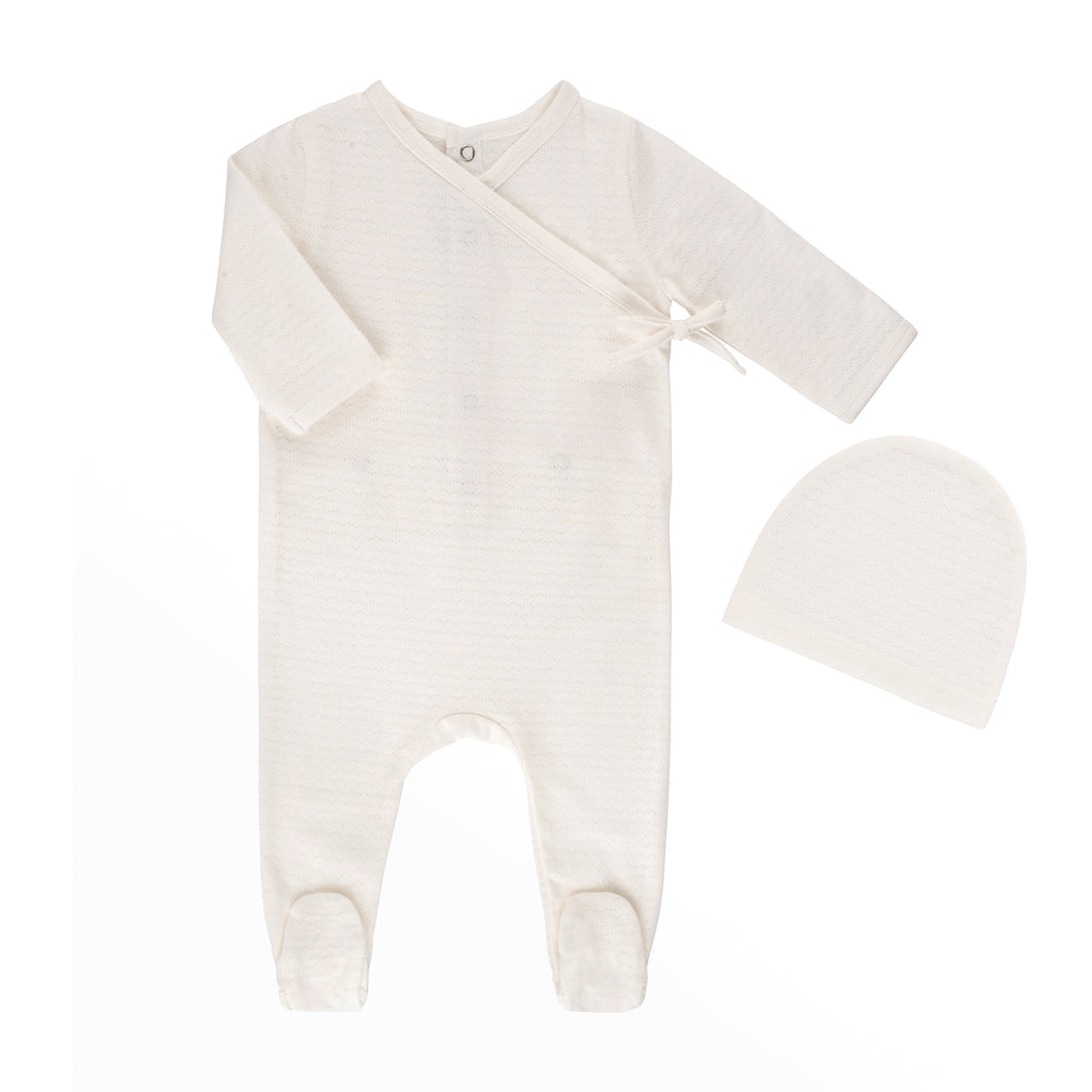 Tricot Pointelle Footie And Hat - Ivory